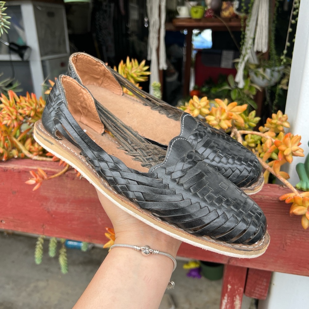 Black Leather Woven Sandals